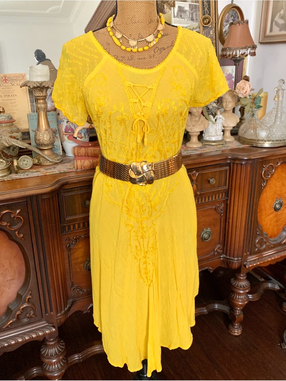 Vintage Golden Yellow Floral Embroidered Boho Spring Summer Dress or Nightie